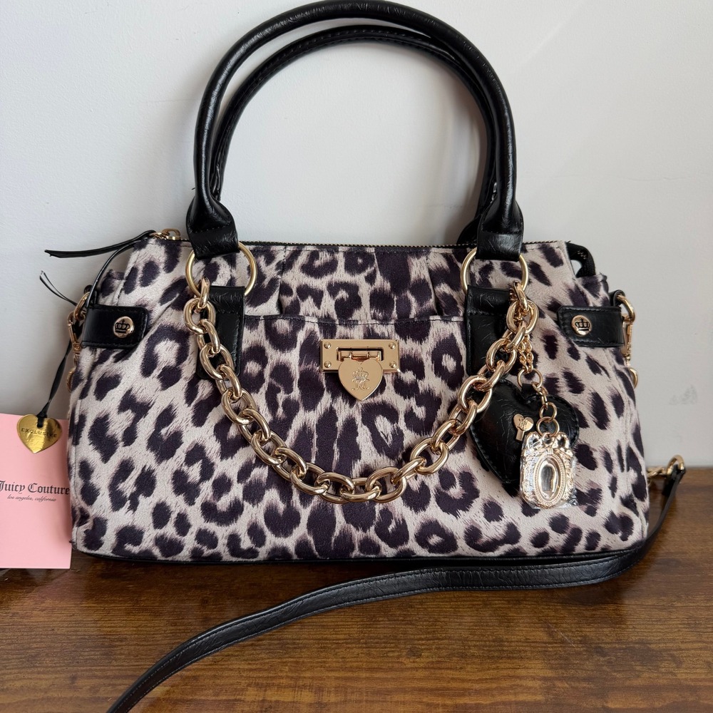 New Juicy Couture Fashionable Snow Leopard Satchel Black Brown Crossbody Handbag